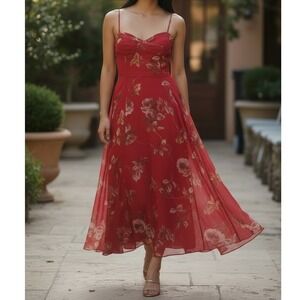 Vintage Red Floral Print Spaghetti Strap Midi Dress Women's